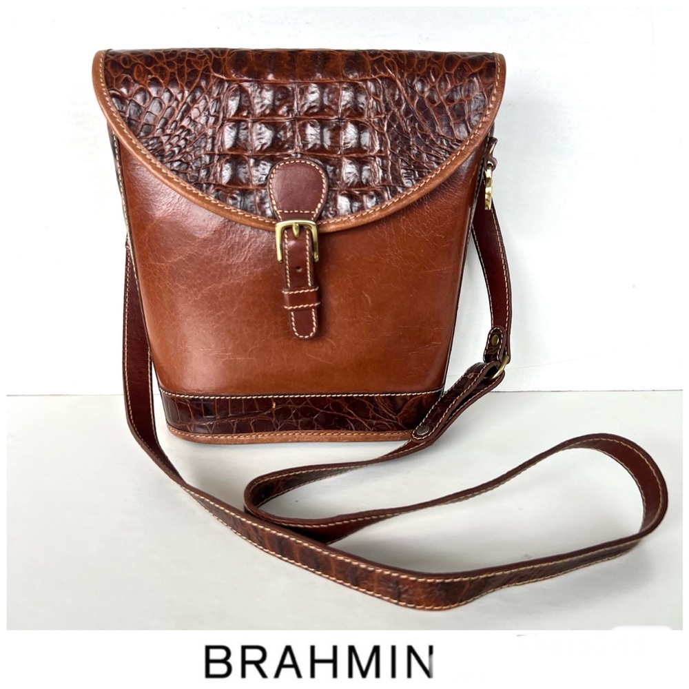 BRAHMIN Vintage Brown Tan Croc Embossed Leather Gold Hardware  Crossbody Bag